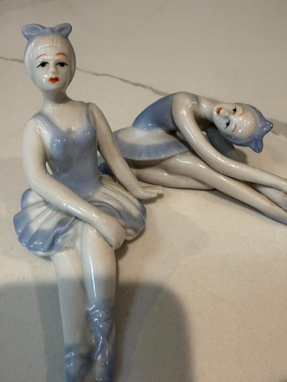 2 Vintage Porcelain Ballerina Figurines Blue & White